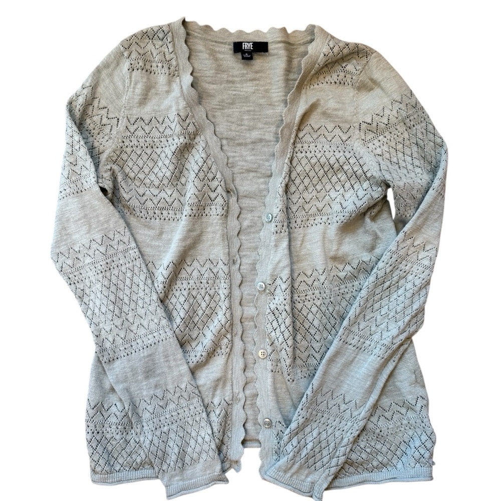 FRYE Open Knit Cardigan Scalloped Trim Green Boho Cottagecore Sweater Small